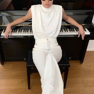 ZARA PLEATED HIGH COLLAR TOP IN ECRU